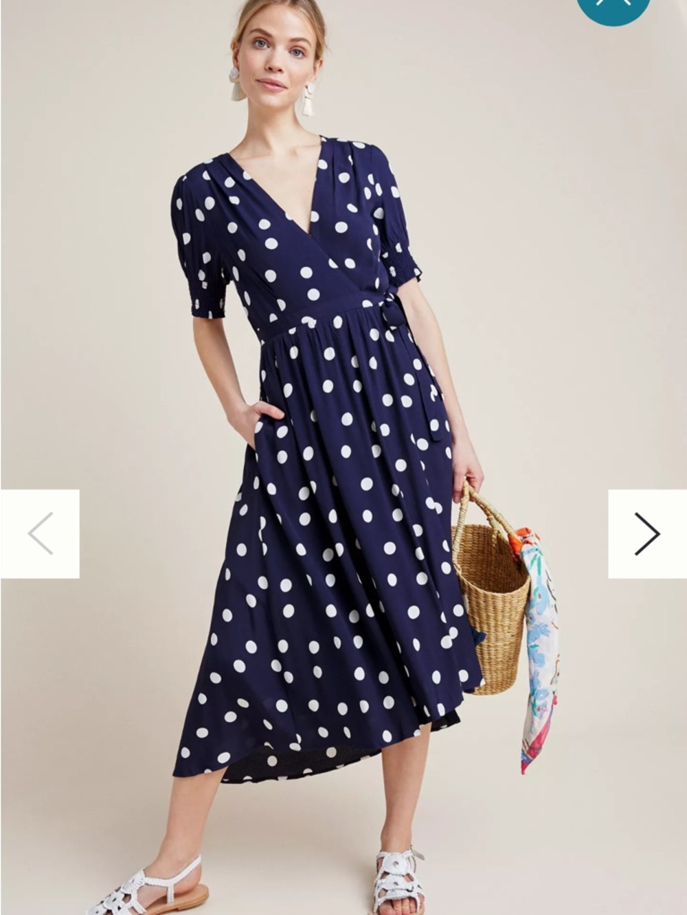 Maeve Navy Polka Dot Wrap Midi Dress - White Dot